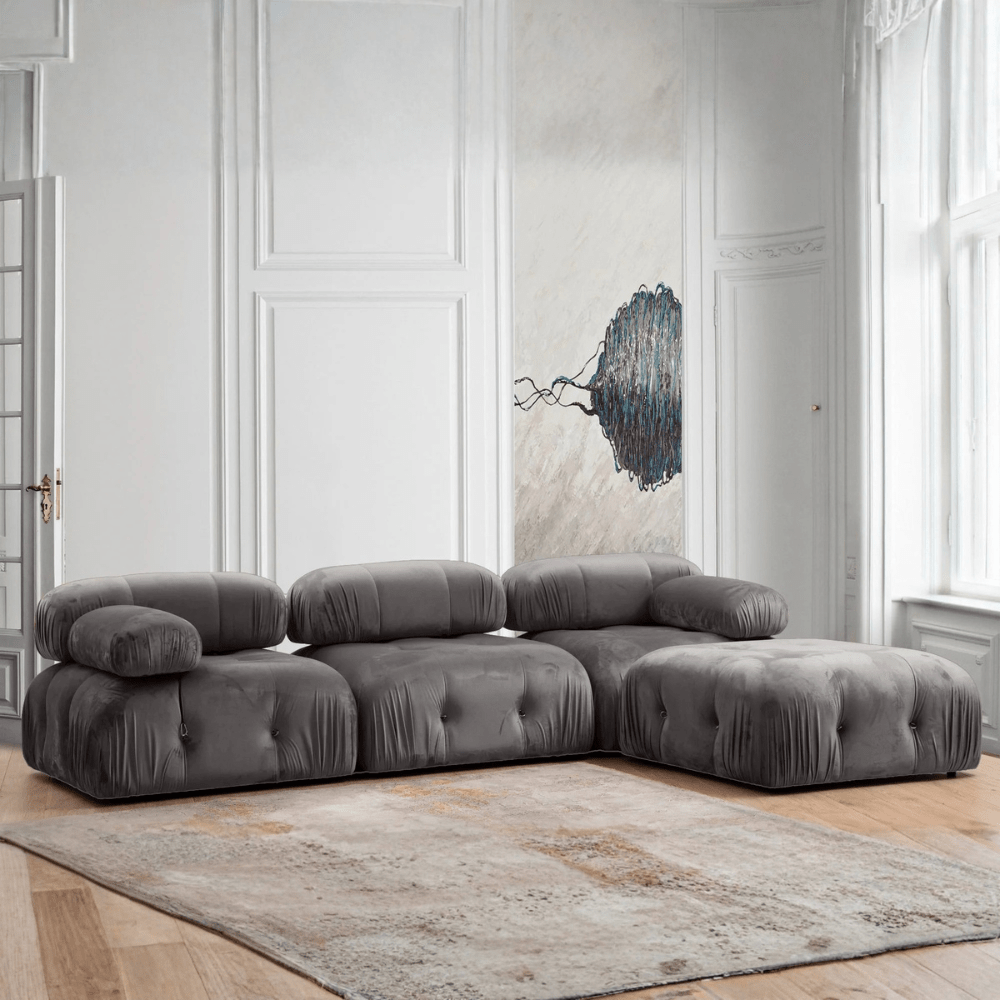 Canapé d'angle modulaire XXL Bubble avec pouf - velours gris