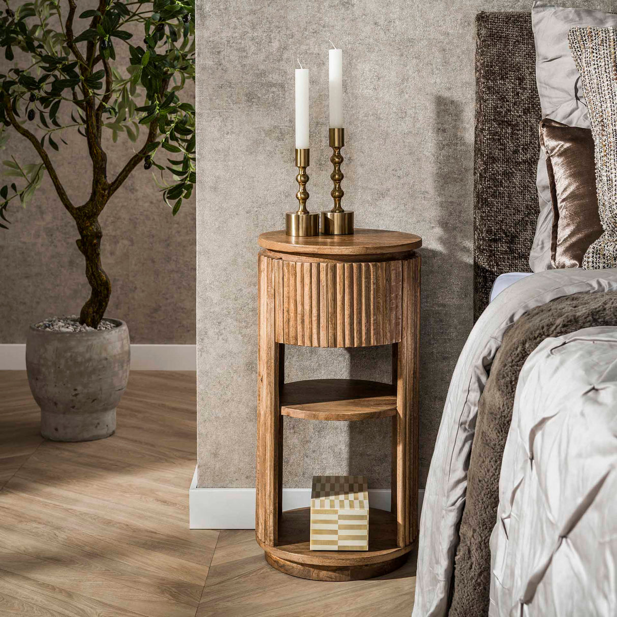 Table de chevet Lio Rond Bois de manguier Sable 1 Tiroir