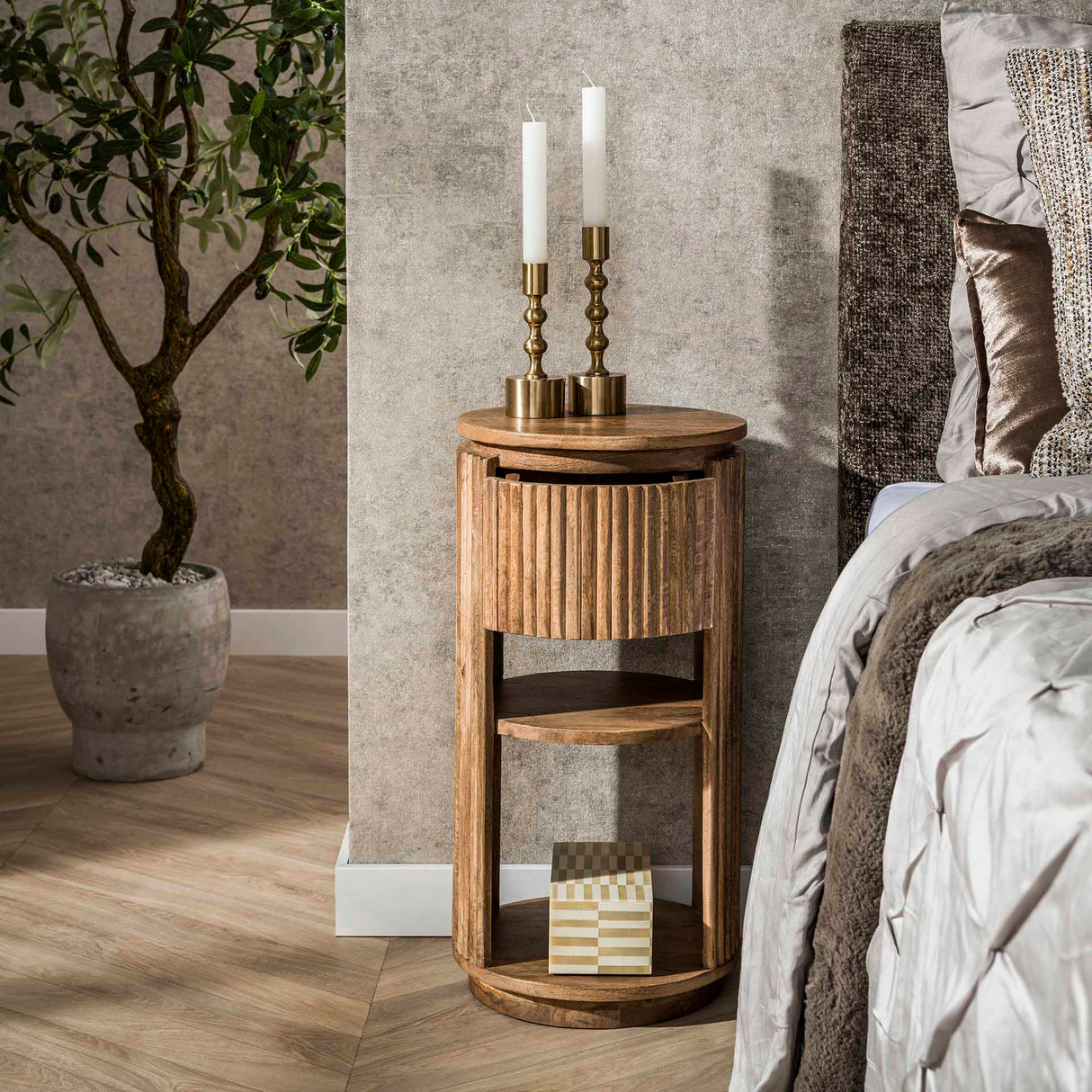 Table de chevet Lio Rond Bois de manguier Sable 1 Tiroir