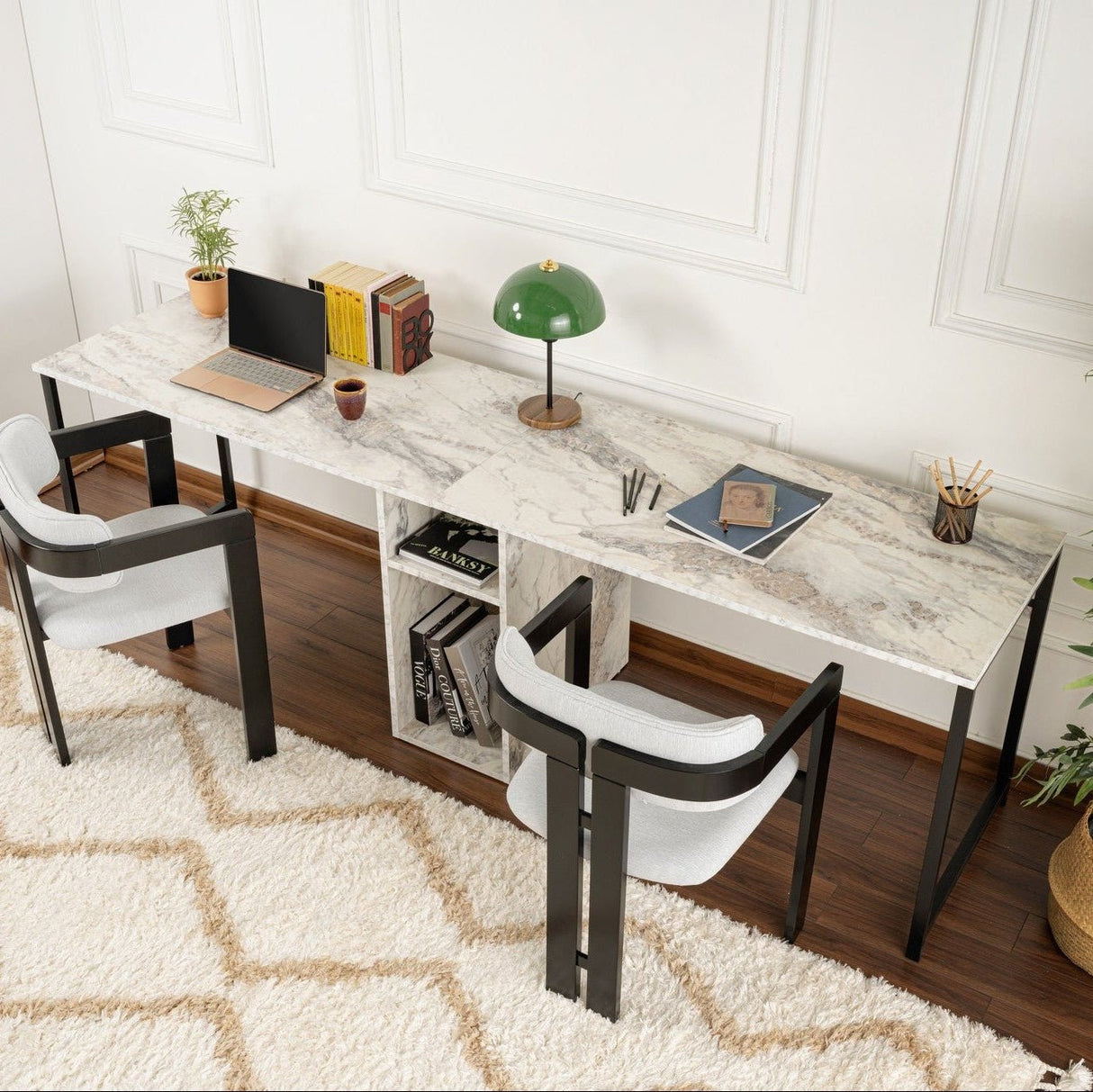 Twin Study Desk Studie Bureau Freesia Marble Black 240x60 cm Melamine