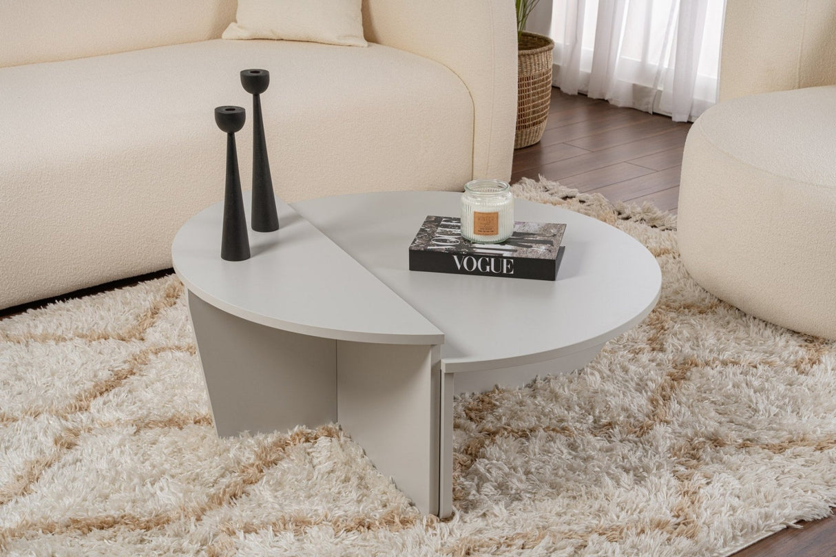 Table basse ronde grise à niveaux en mélamine 90 cm Orin