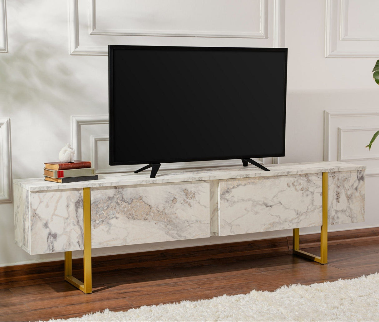 Meuble TV en marbre mélaminé avec cadre doré Blitz 50x180x29,5 cm