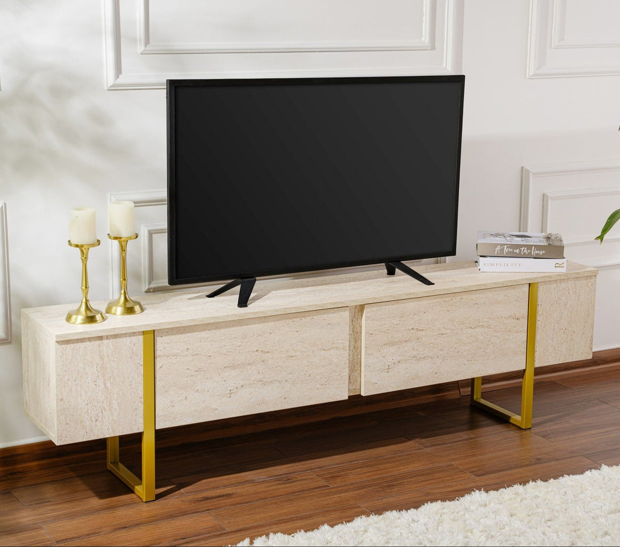 Meuble TV en mélamine beige avec cadre en bois Fouden Blitz 50x180x29,5 cm