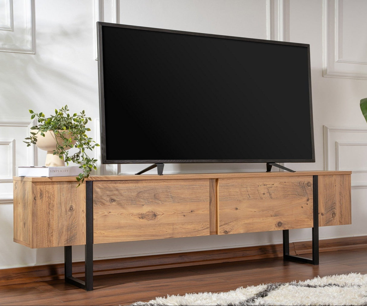 Meuble TV Naturel en Mélamine Cadre Noir Blitz 50x180x29,5 cm