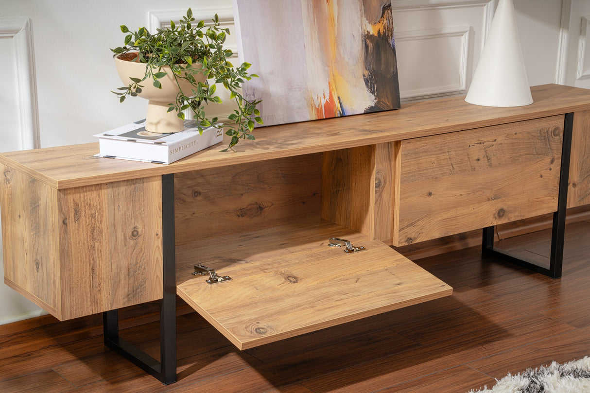 Meuble TV Naturel en Mélamine Cadre Noir Blitz 50x180x29,5 cm