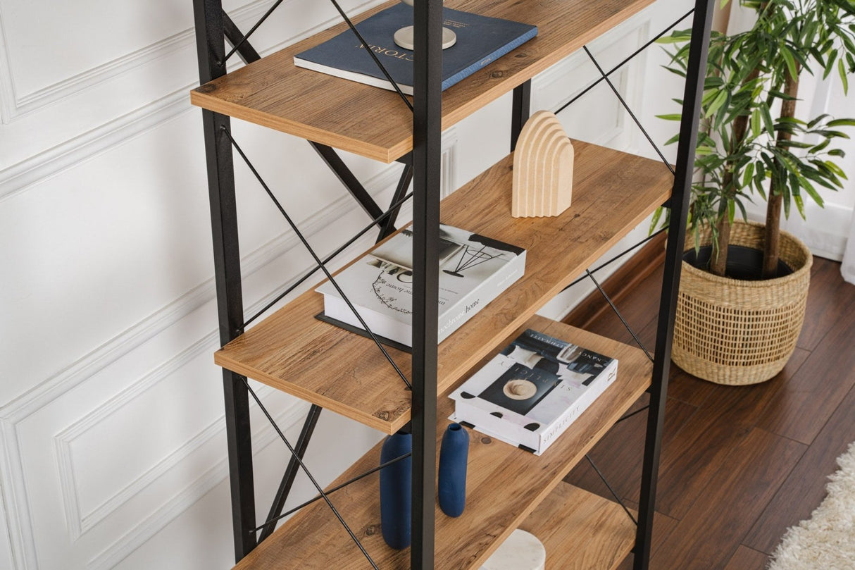 Bibliothèque industrielle Ely en bois de pin atlantique mélaminé - Cadre noir - 180x90 cm