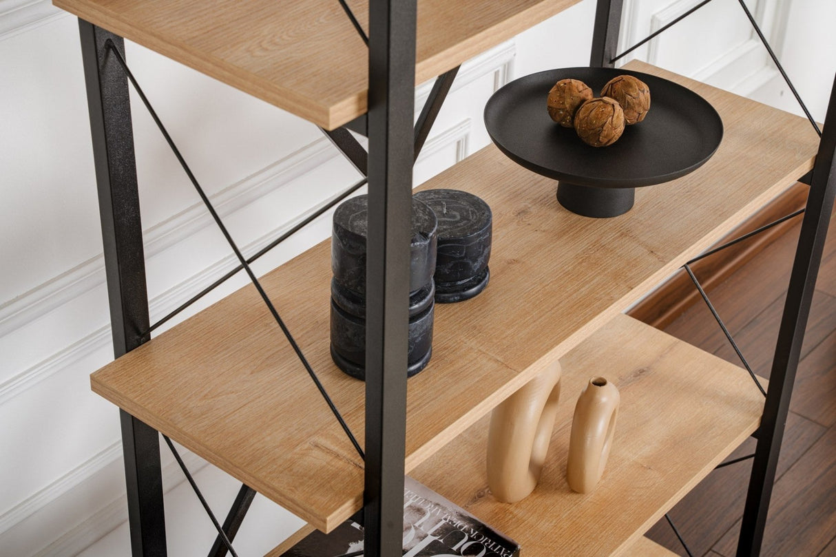 Industriële Boekenkast Ely Eiken Melamine - Zwart Frame - 180x90 cm