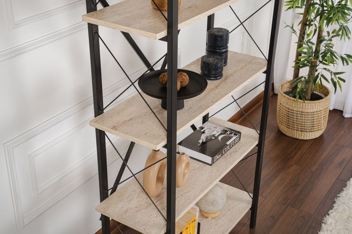Industriële Boekenkast Ely Travertin Melamine - Zwart Frame - 180x90 cm