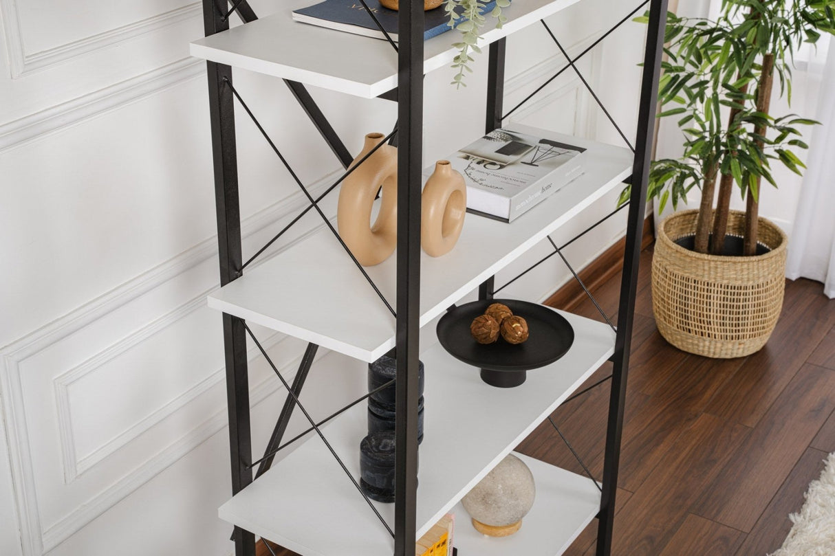 Industriële Boekenkast Ely Wit Hout Melamine - Zwart Frame - 180x90 cm