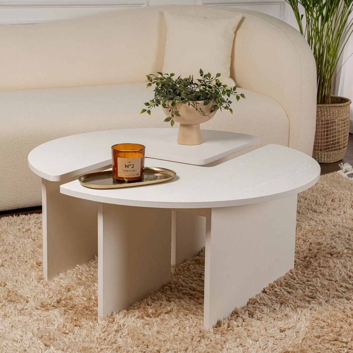 Table basse ronde Moari aspect bois mélaminé blanc 90 cm