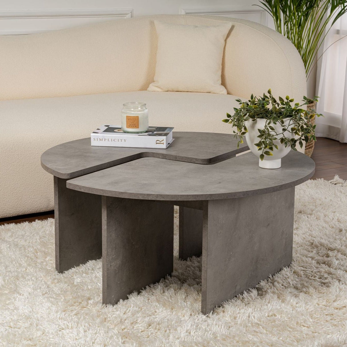 Table basse ronde Moari aspect béton gris mélaminé 90 cm