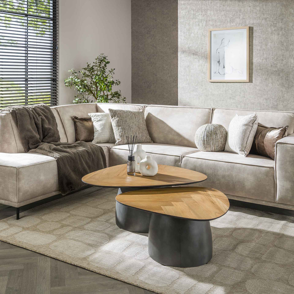 Salontafel set van 2 visgraad Elva teakhout - frame metaal