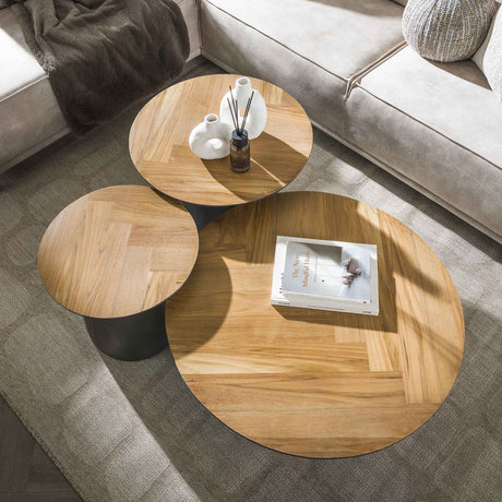 Salontafel set van 3 visgraad Elva teakhout - frame metaal
