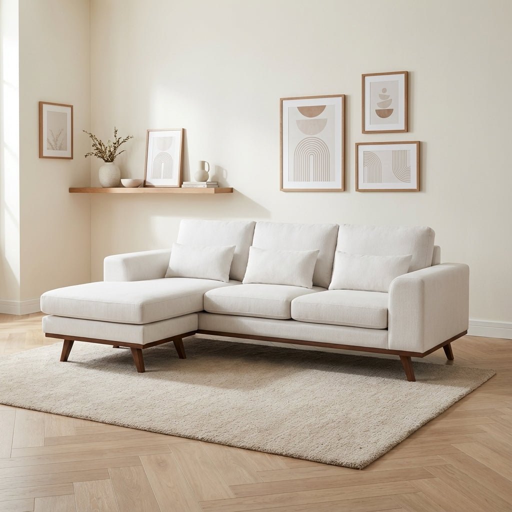 3-zits hoekbank Dori beige links en rechts sfeerfoto in modern interieur