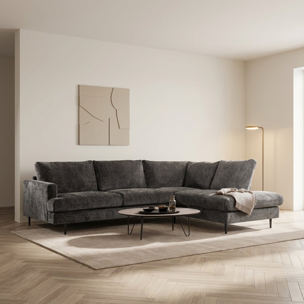 3-zits hoekbank Nevada stof antraciet rechts sfeerfoto in modern interieur