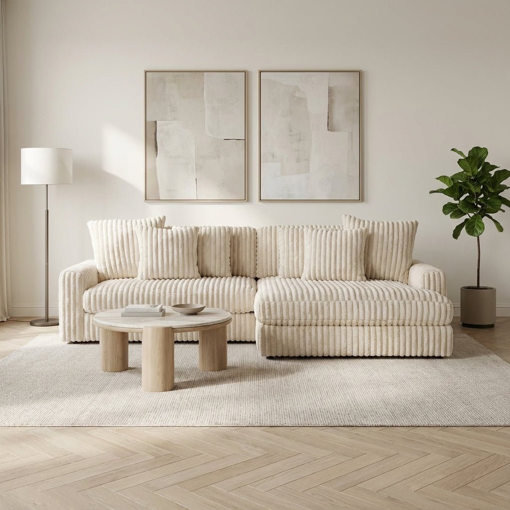 3-zits hoekbank XXL Beige Ribstof plofbank Nia sfeerfoto in modern interieur