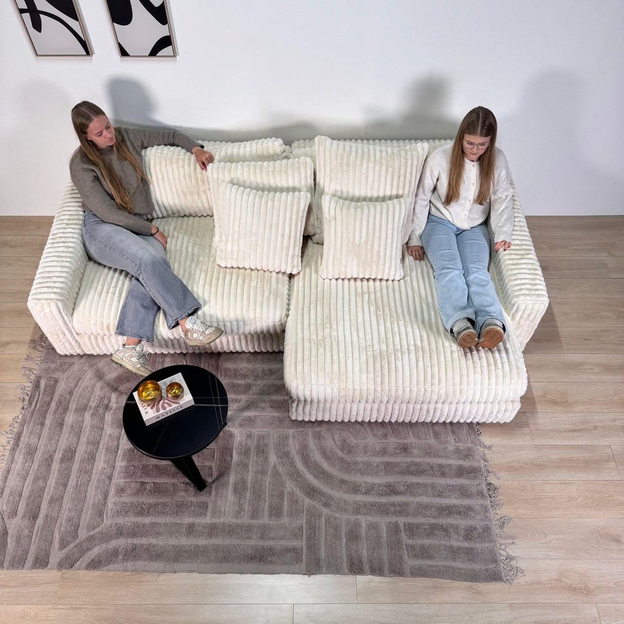 3-zits hoekbank XXL Beige Ribstof plofbank Nia