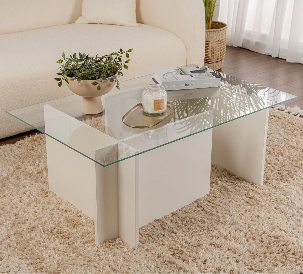 Table basse moderne rectangulaire Vetroni aspect bois blanc - Verre - 105x65 cm