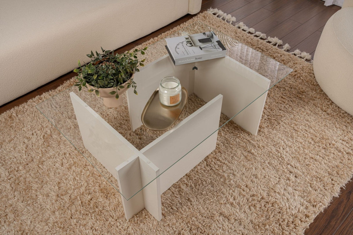 Table basse moderne rectangulaire Vetroni aspect bois blanc - Verre - 105x65 cm