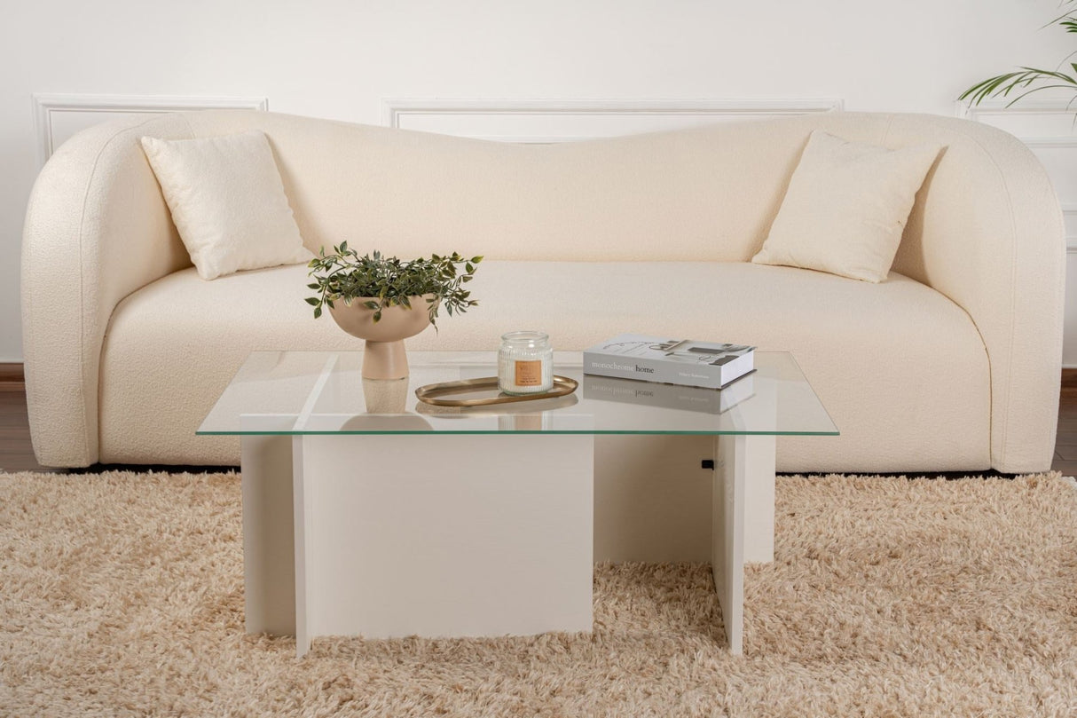 Table basse moderne rectangulaire Vetroni aspect bois blanc - Verre - 105x65 cm