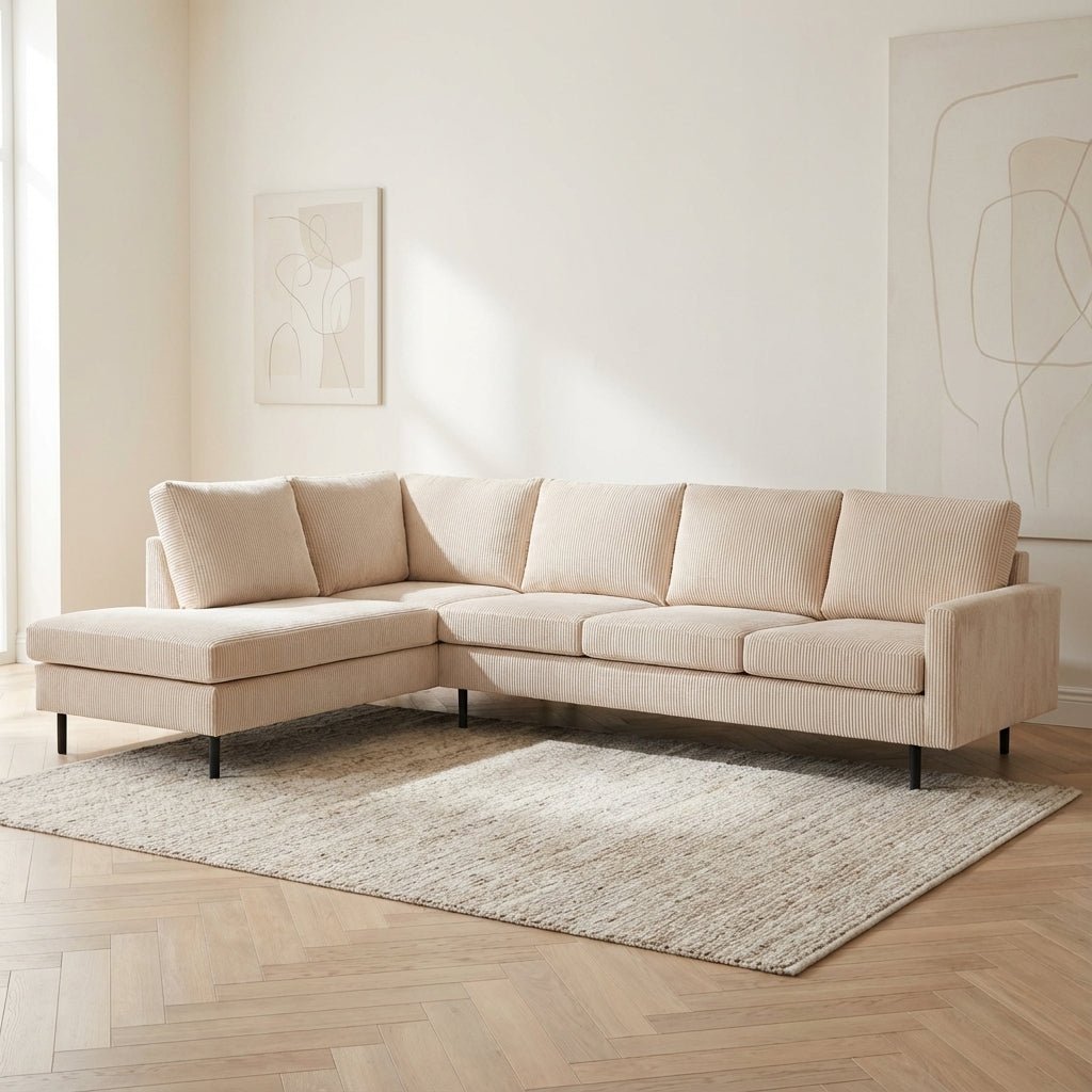 4-zits hoekbank Pablo ribstof beige sfeerfoto in modern interieur