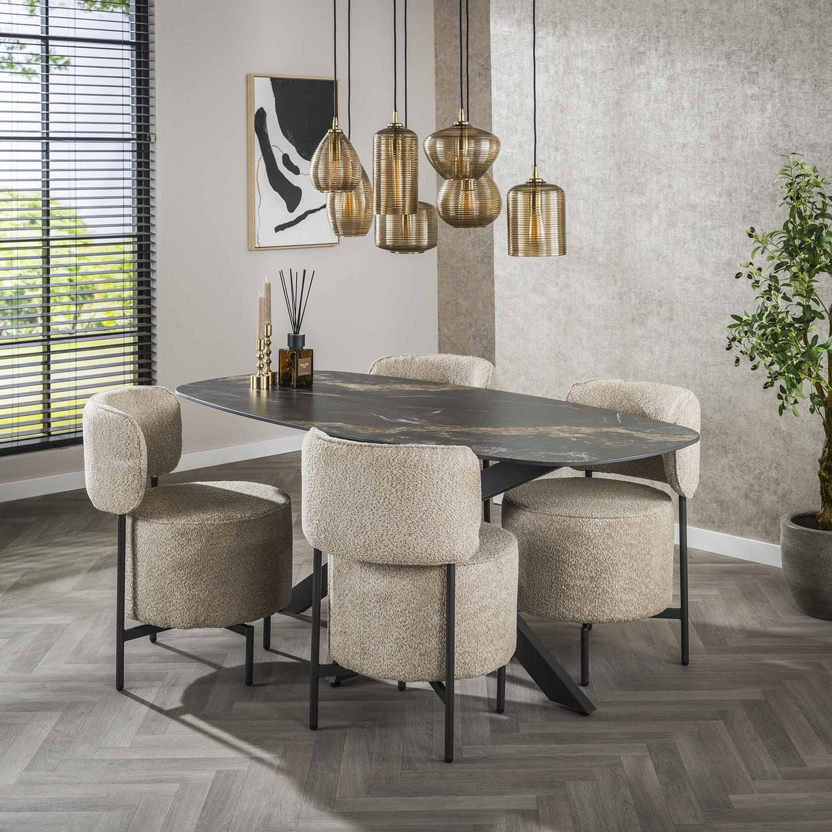 Table à manger Dolore 180x90 cm Danois Ovale Effet Marbre Noir