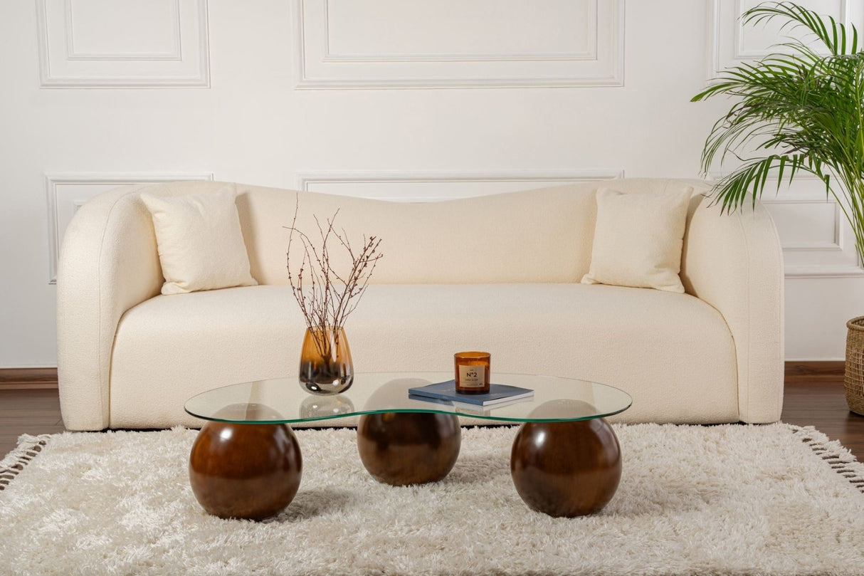 Table basse bio verre transparent noyer pieds boule Sphère 120x70 cm