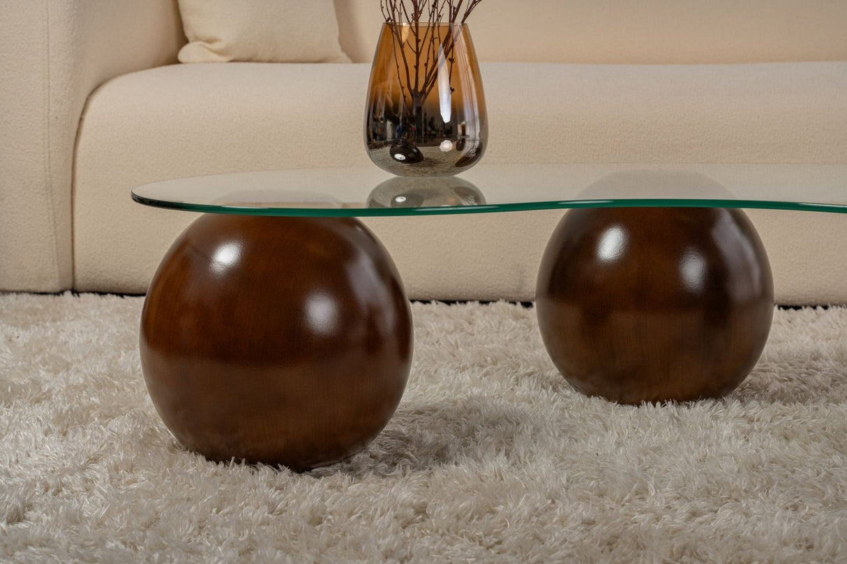 Table basse bio verre transparent noyer pieds boule Sphère 120x70 cm