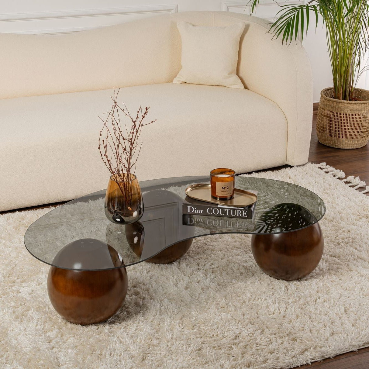 Table basse Sphere Noyer et Gris 120x70 cm Verre trempé