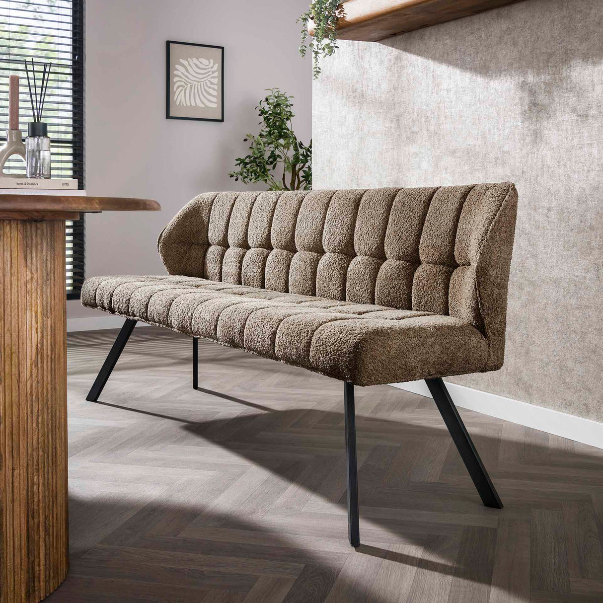 Eetkamerbank Lino Bouclé Stof Taupe 180 cm Geblokt