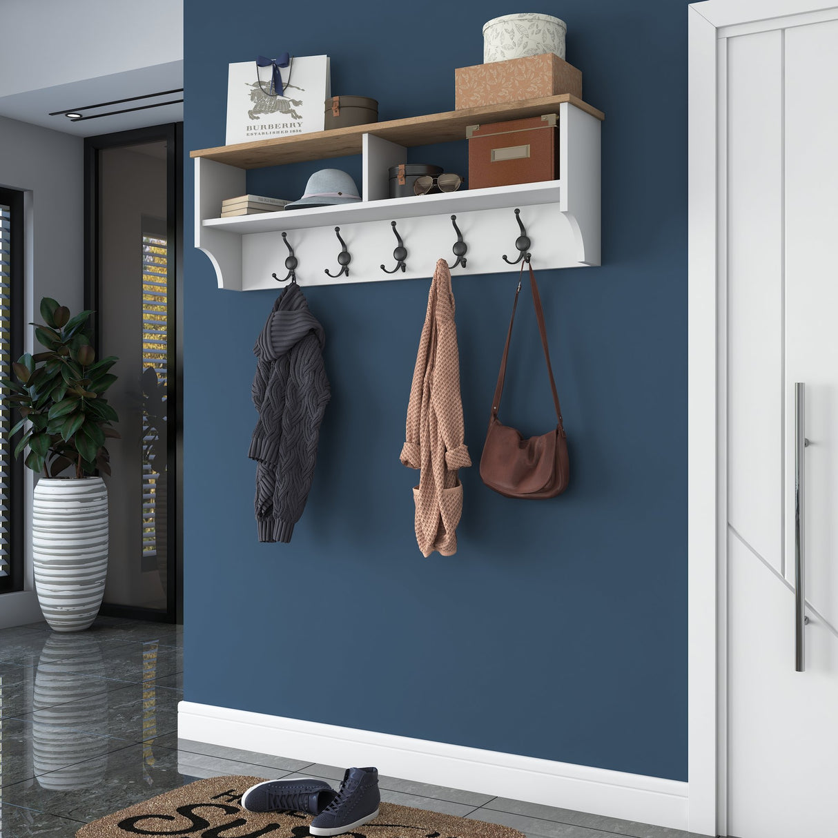 Porte-manteau Hally Blanc 15 crochets - Deux compartiments