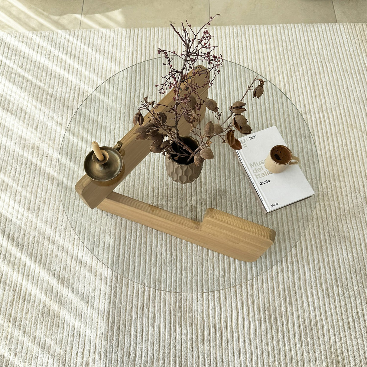 Salontafel Rond Glas Mio - 75 cm - Houten onderstel