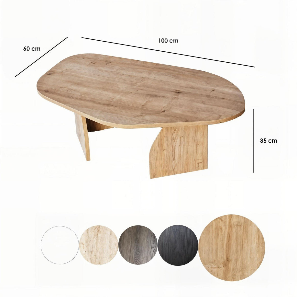 Table basse Rock en chêne saphir aspect ovale. Bois composite mélaminé