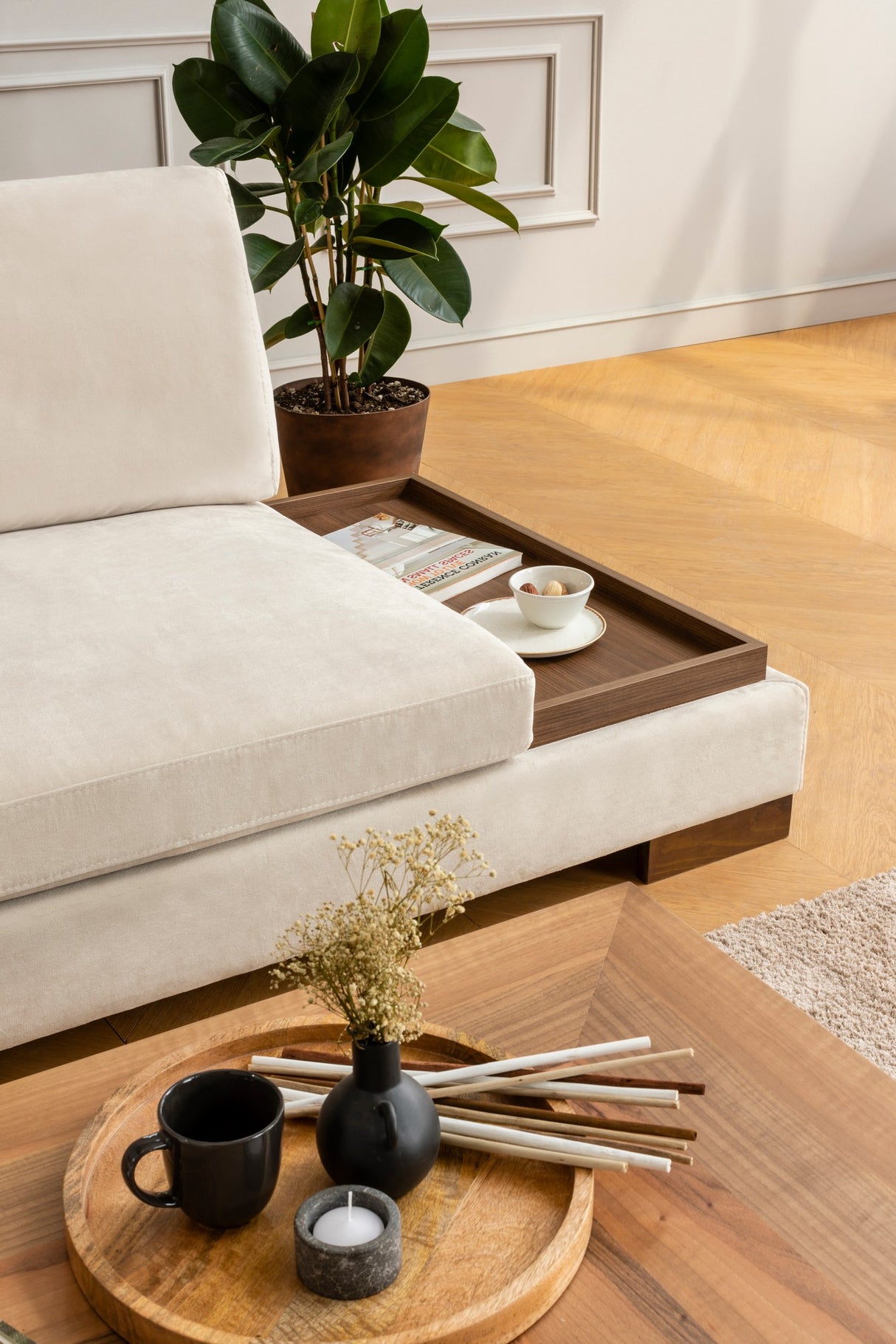 Canapé d'angle gauche Tulip Beige - Avec pouf