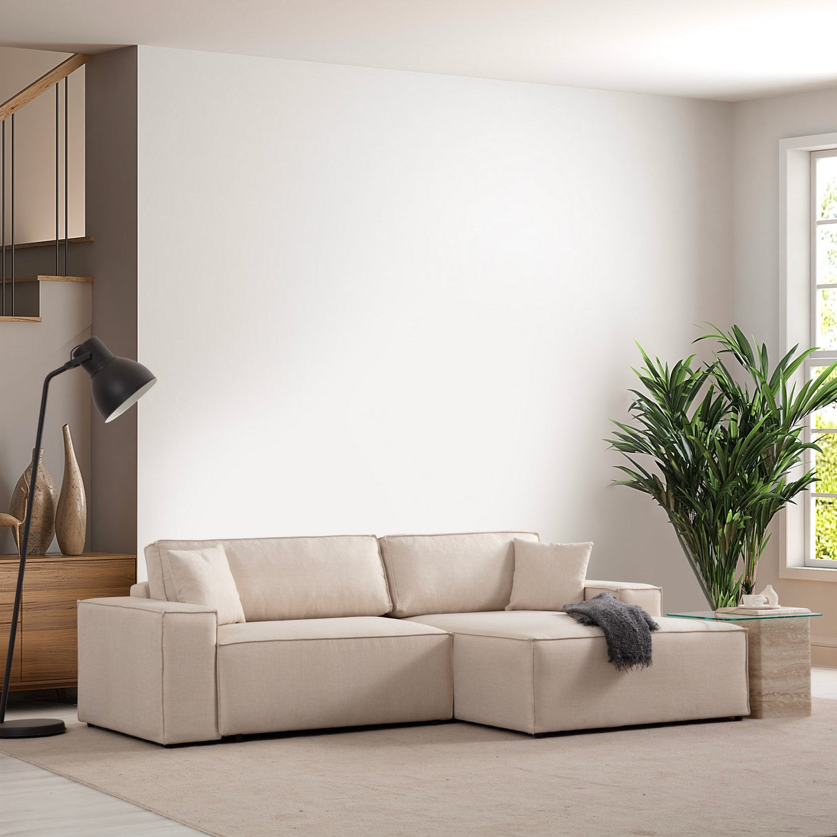 Canapé d'angle avec fonction couchage Droit Pirlo Ecru