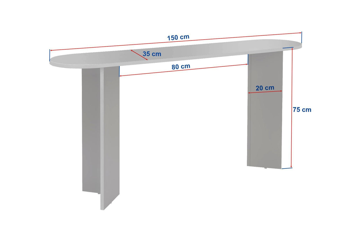 Photo blanche avec dimensions : table d'appoint ovale moderne avec plateau aspect travertin et piètement en mélamine noyer.