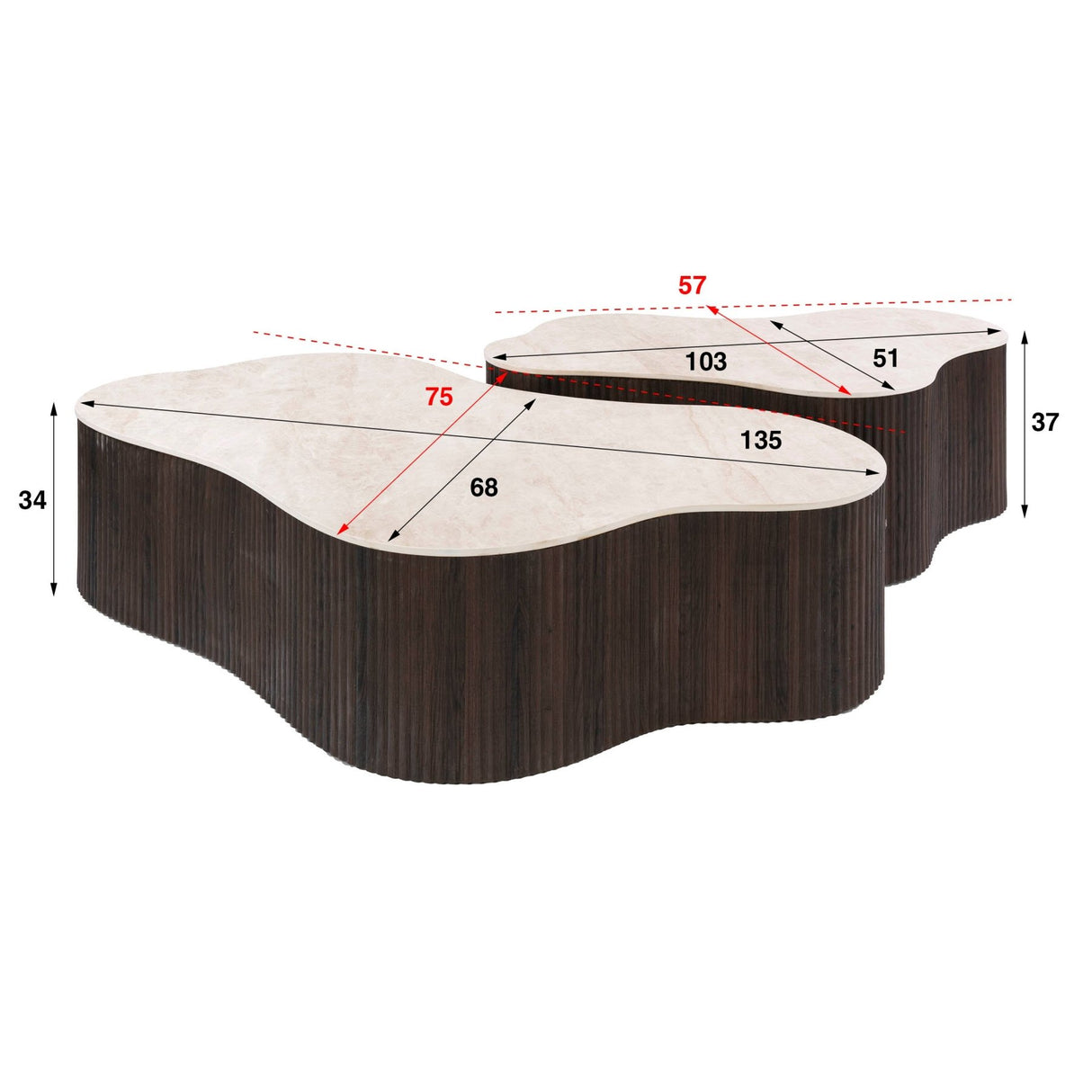 Photo blanche cotée lot de 2 tables basses bio Cruz Grand avec plateaux en céramique Taj Mahal et piètement nervuré marron foncé.