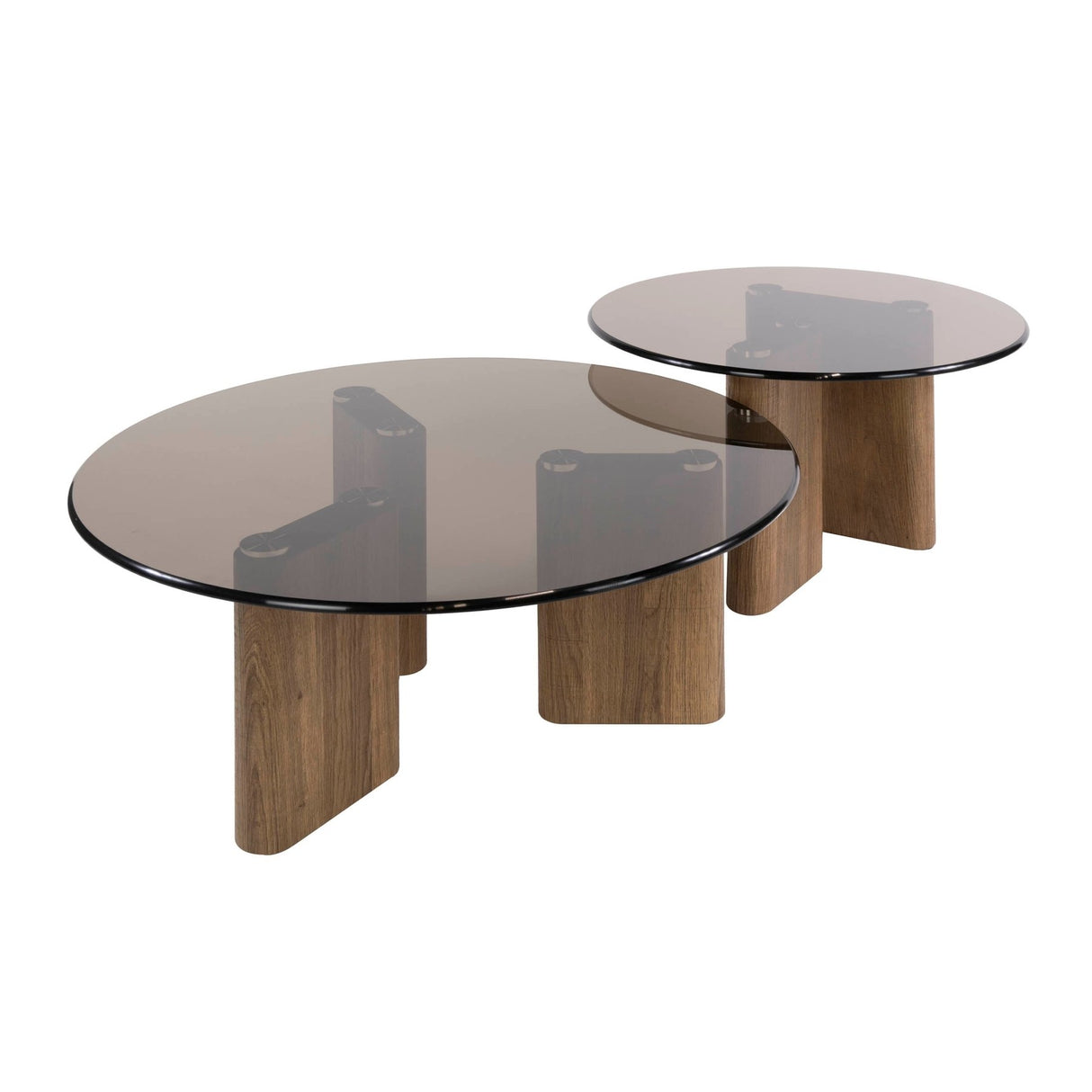 Lot de 2 tables basses rondes verre fumé marron aspect chêne Thor