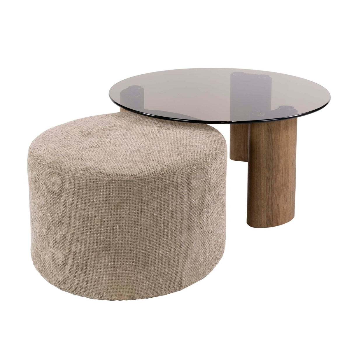 Set van 2 ronde salontafels Thor bruin rookglas en zandkleurig stof
