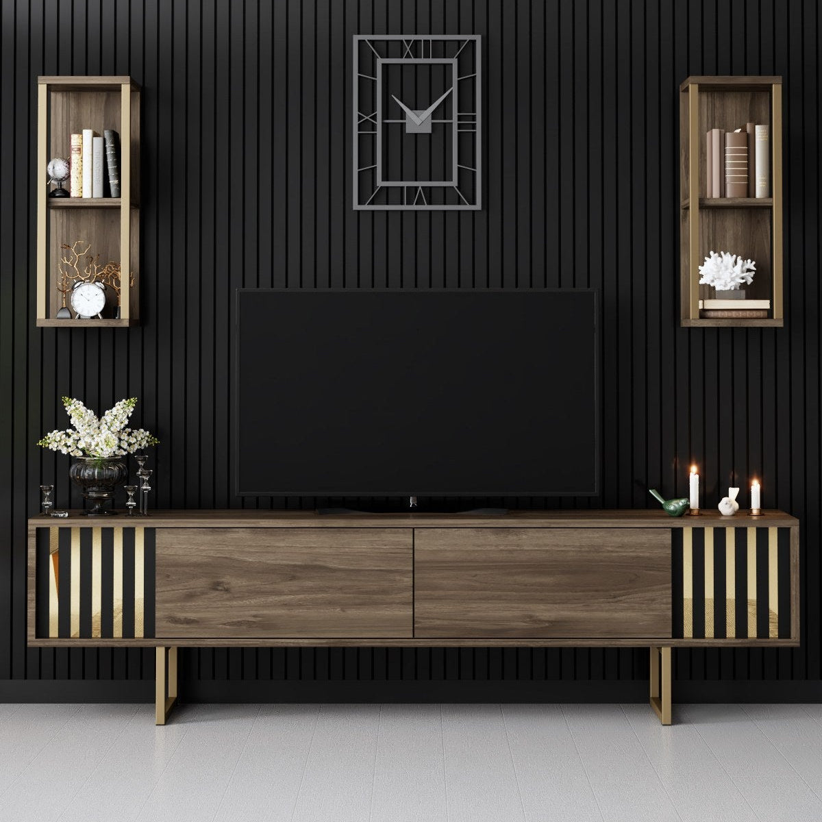 TV Meubels - TV Meubel Set Gold Line Walnoot Zwart Melamine 180x48x30 cm - Dimehouse