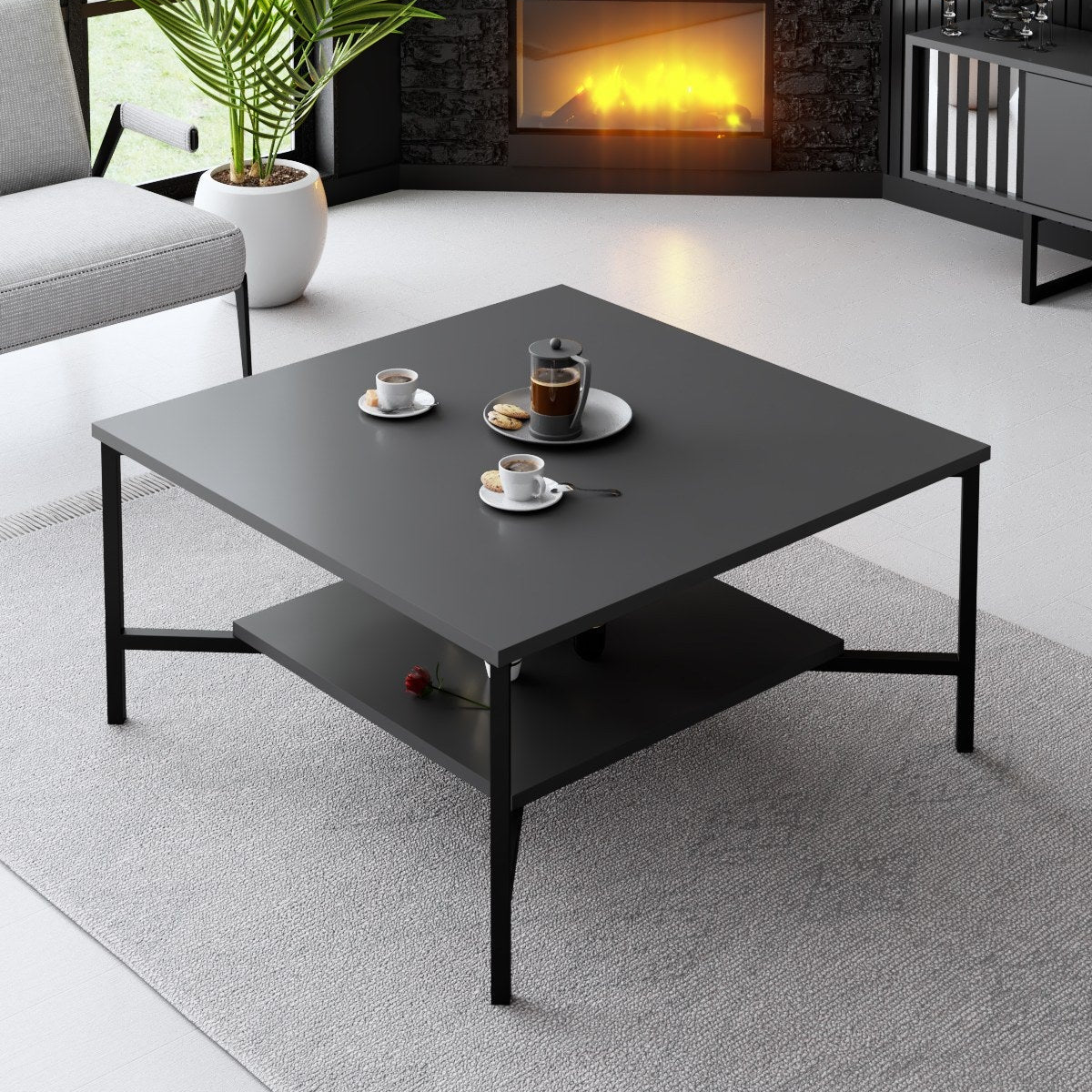 Table basse carrée Anthracite Black Line 80x80 - Cadre noir