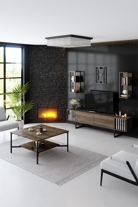 Vierkante Salontafel Walnoot Black Line 80x80 - Zwart Frame