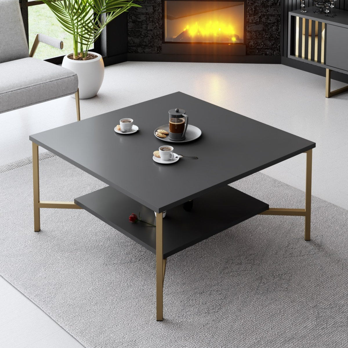 Table basse carrée Anthracite Gold Line 80x80 - Cadre doré