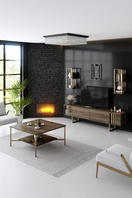 Vierkante Salontafel Walnoot Gold Line 80x80 - Gouden Frame