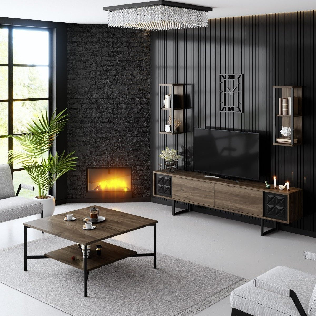 Meubelset Walnoot-Zwart - Black Line - Salontafel + TV Meubel