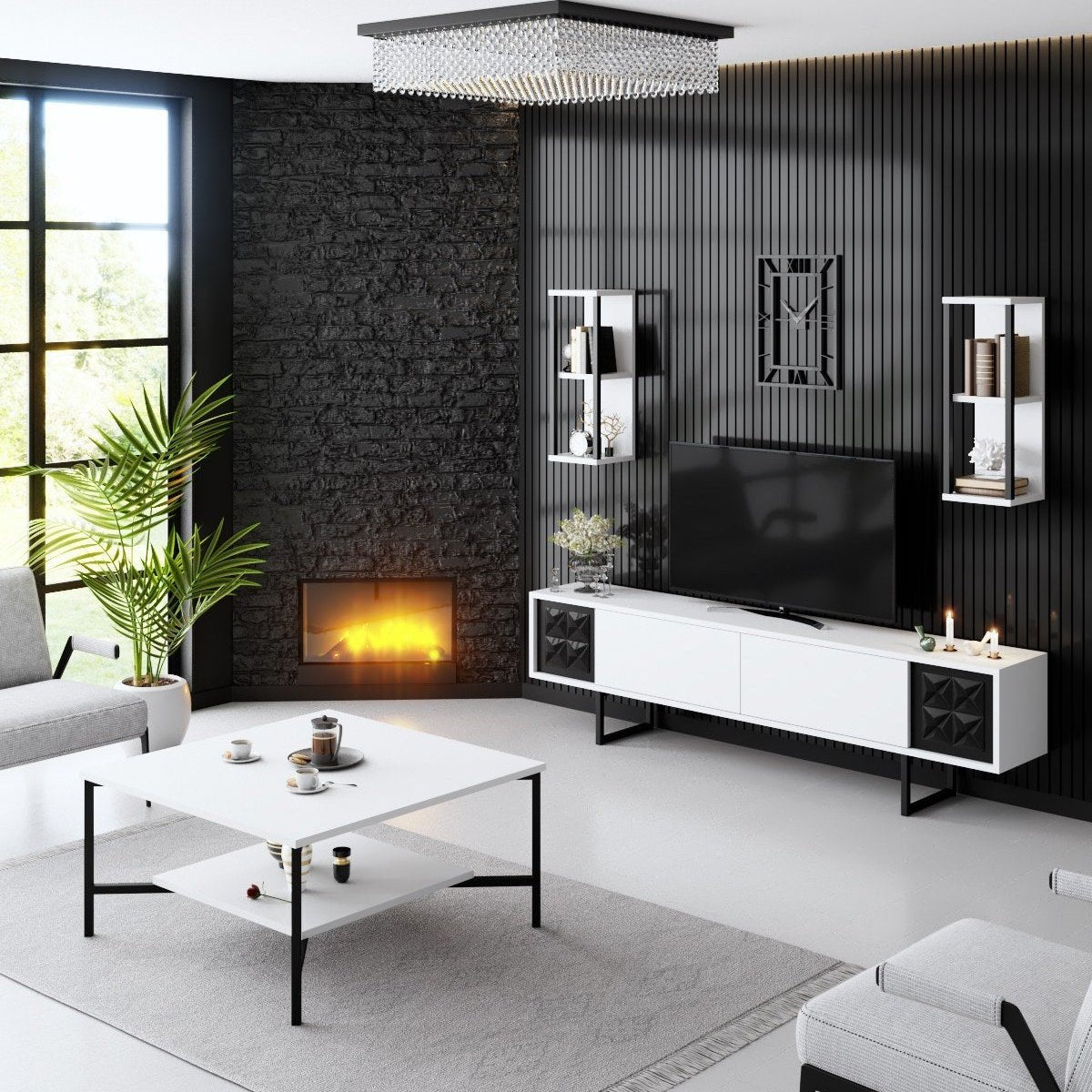 Ensemble de meubles Blanc-Noir - Ligne Noire - Table basse + Meuble TV