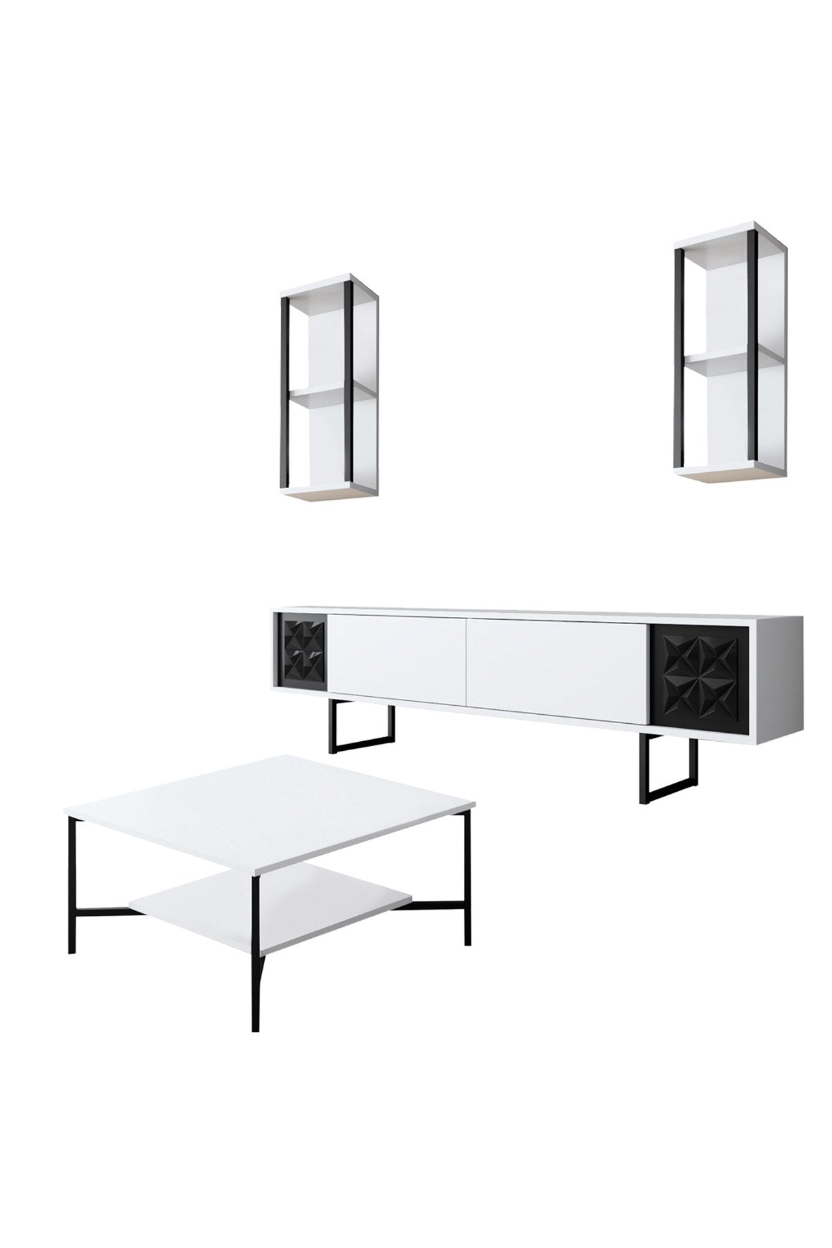 Ensemble de meubles Blanc-Noir - Ligne Noire - Table basse + Meuble TV