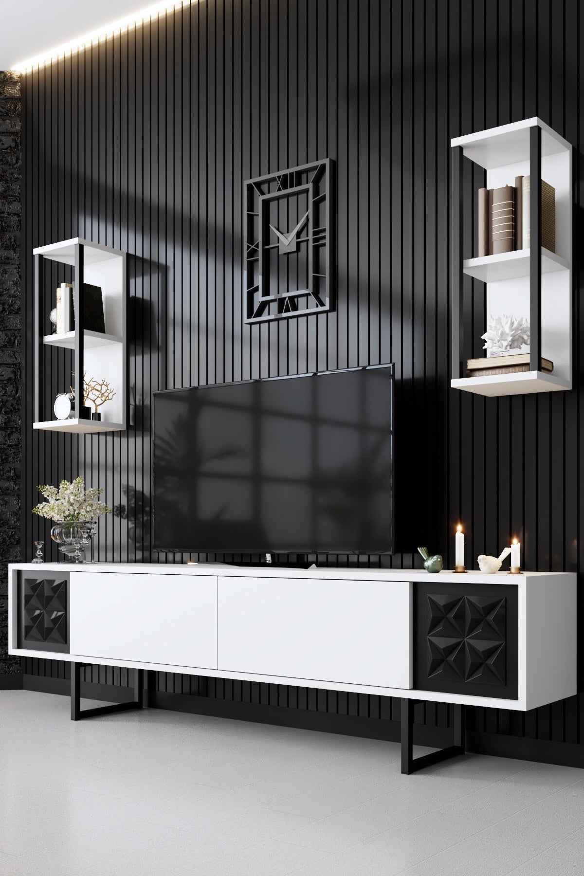 Ensemble de meubles Blanc-Noir - Ligne Noire - Table basse + Meuble TV