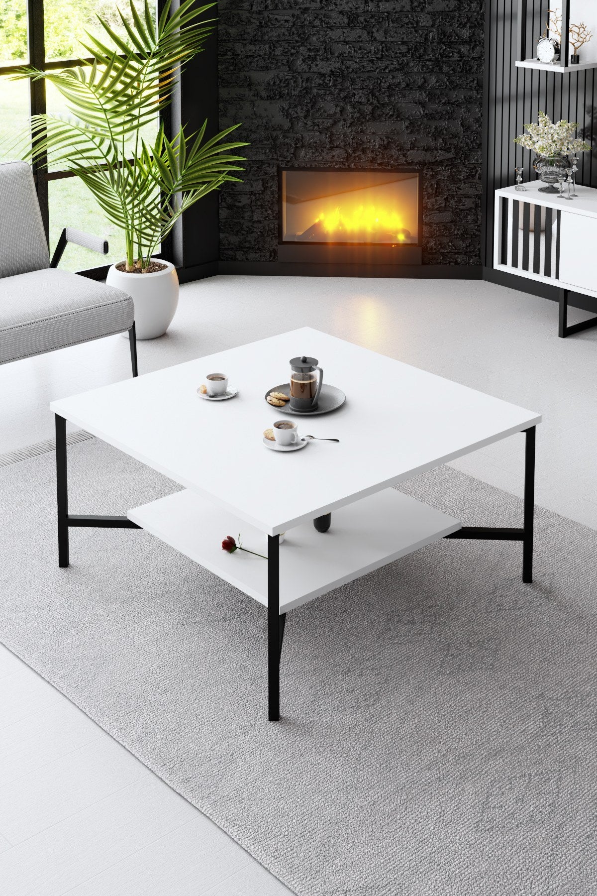 Ensemble de meubles Blanc-Noir - Ligne Noire - Table basse + Meuble TV