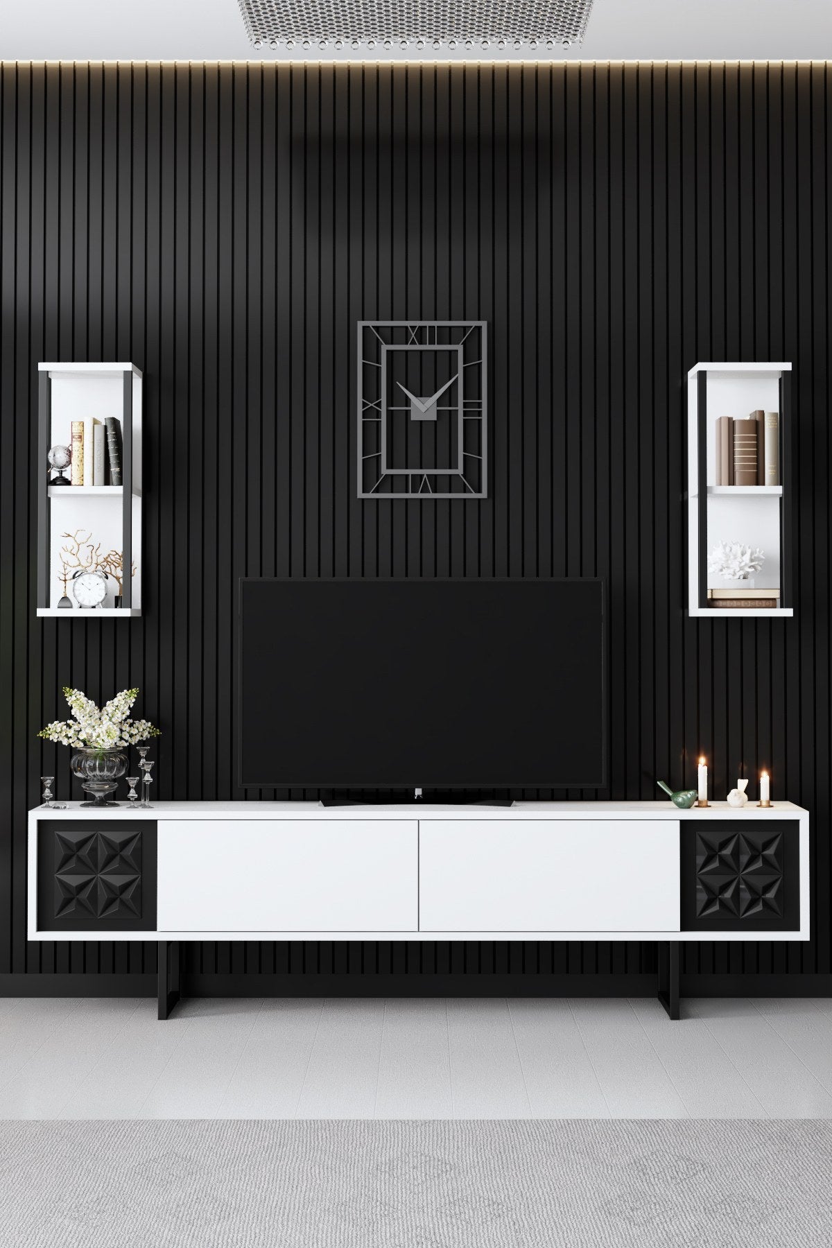 Ensemble de meubles Blanc-Noir - Ligne Noire - Table basse + Meuble TV